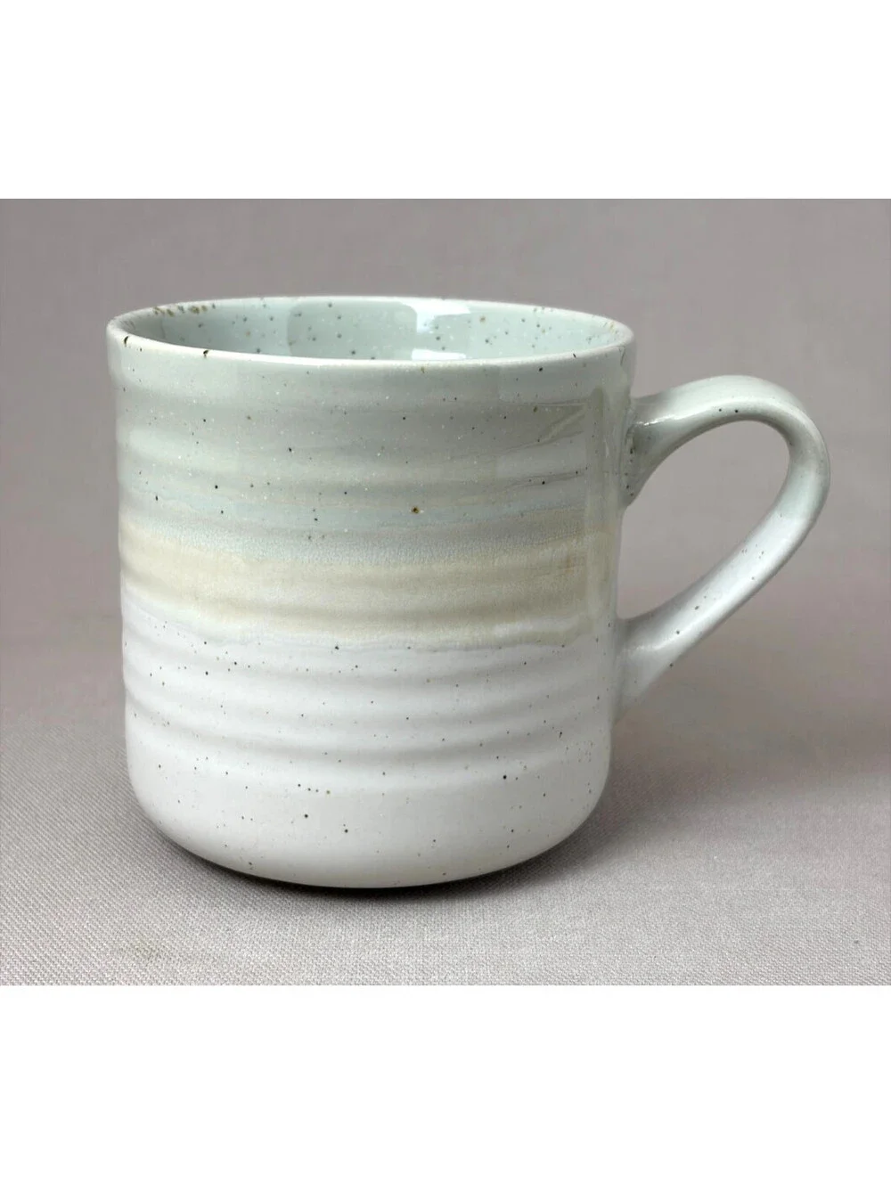 Baum Hearth Coffee Mug Speckled Stoneware Sage Green Tan Cream Ribbed Tea Cup